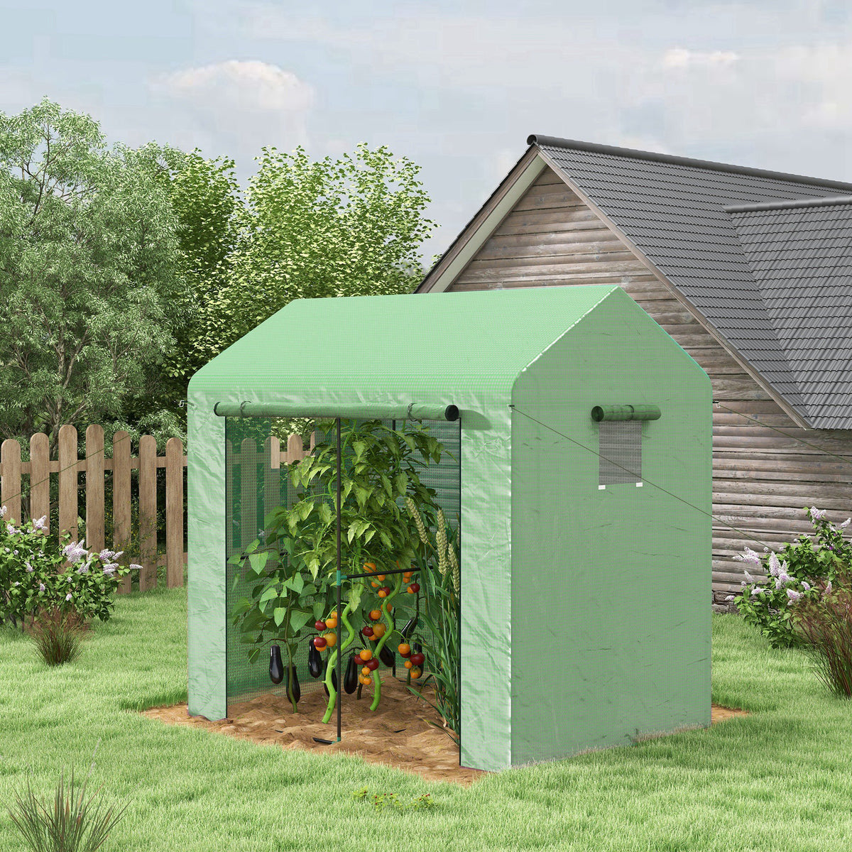 Greenhouse, Walk-in Garden Grow House with Roll-up Door and Mesh Windows, 200 x 140 x 200cm, Green