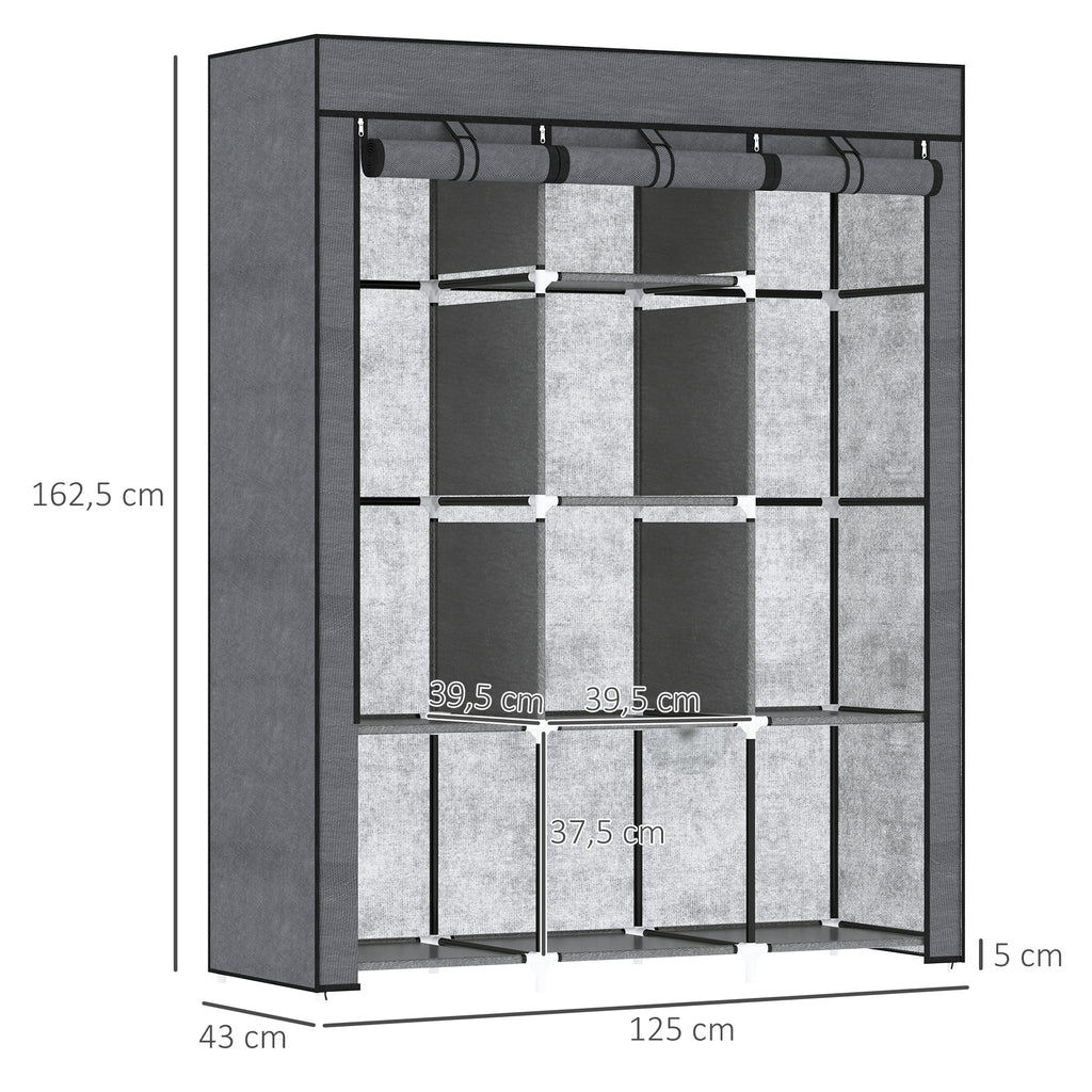 Fabric Wardrobe, with Rails and Shelves - Dark Grey
