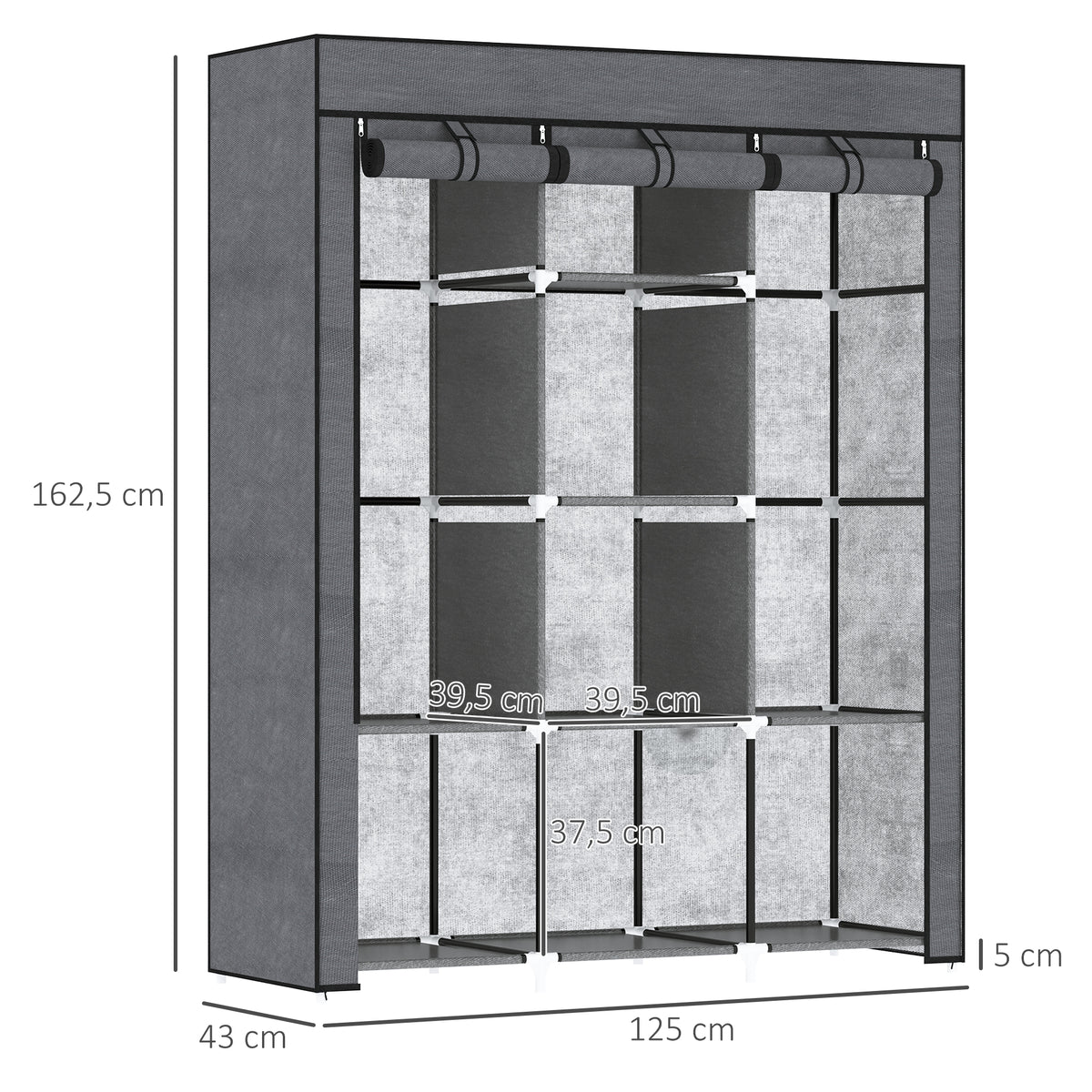 Fabric Wardrobe, with Rails and Shelves - Dark Grey