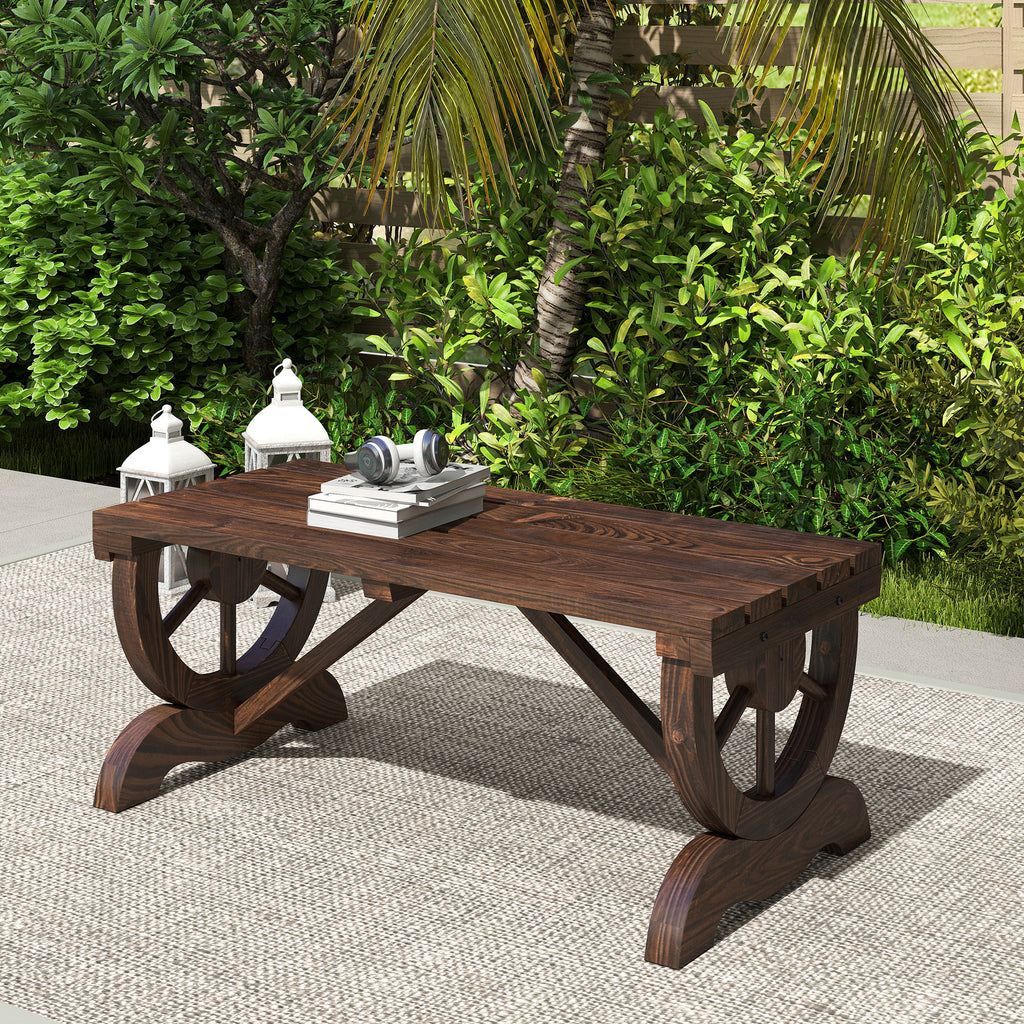 Garden Rustic Wooden Bench Wheel-Shaped Legs Slatted Seat Stable Reinforced Structure Outdoor Patio Garden 2-Person Bench Seat - Brown