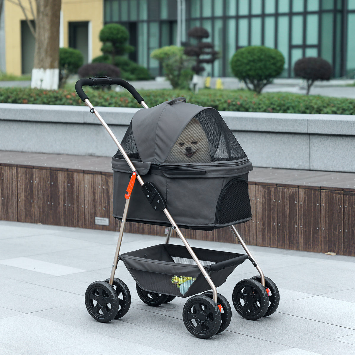 PawH 3-in-1 Pet Stroller, Folding Four-Wheel Dog Pram with Detachable Carrier for Mini Dogs, Cats, Grey