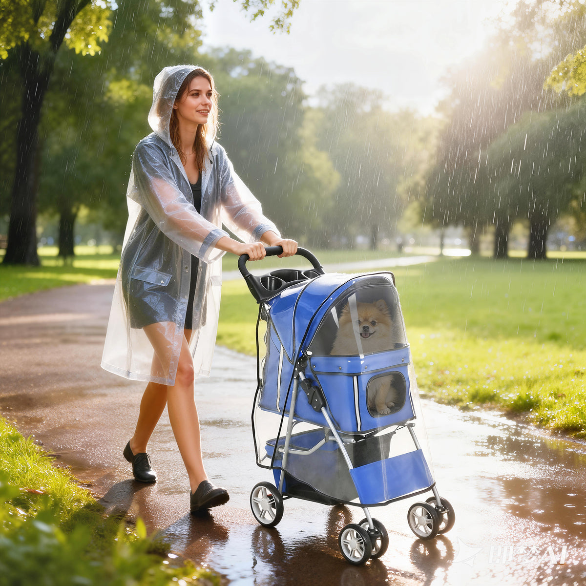 Hundewagen Hundebuggy Faltbar Katzenwagen bis 10kg mit Regenschutz Reflektorstreifen Aufbewahrungskorb 77x44x102cm Blau