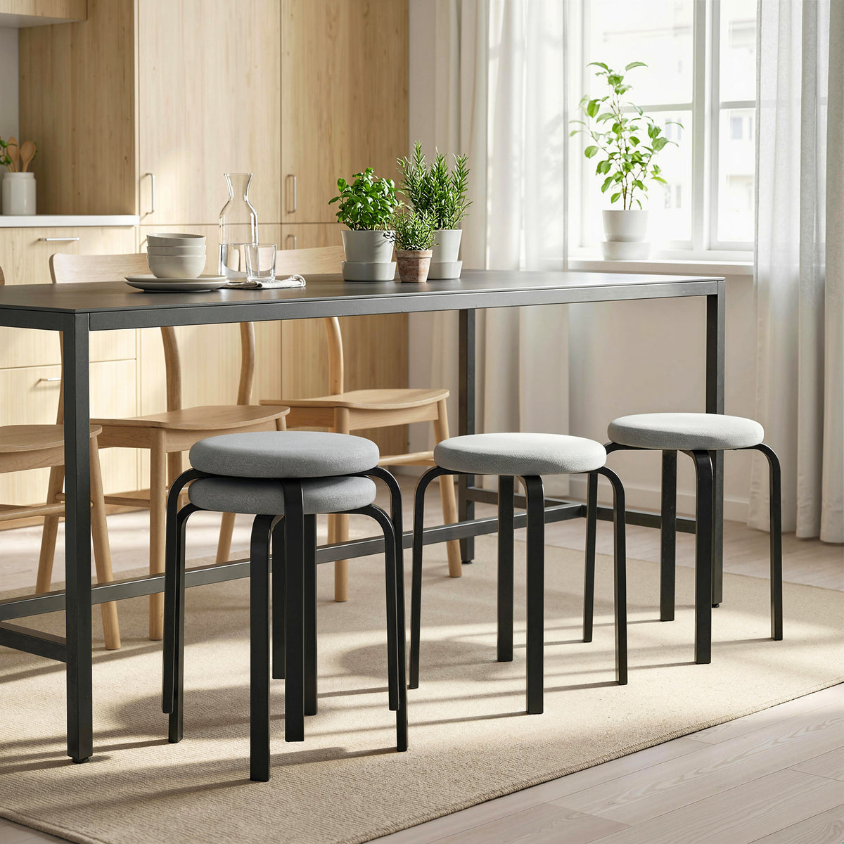 Stapelhocker Set mit 4 Stück, Moderne Gepolsterte Runde Hocker ohne Rückenlehne für Küche, Esszimmer, Grau