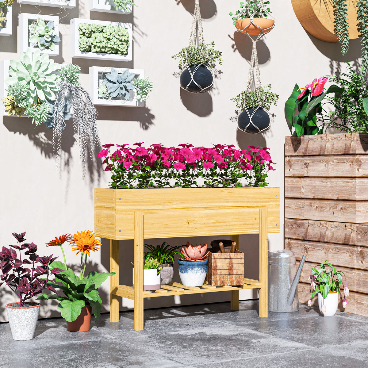 Wooden Raised Garden Bed, Elevated Planter Box with Bed Liner, Drainage Holes and Storage Shelf, Raised Planter for Vegetables, Flowers, Herbs, 100 x 30 x 71 cm, Natural Wood Finish