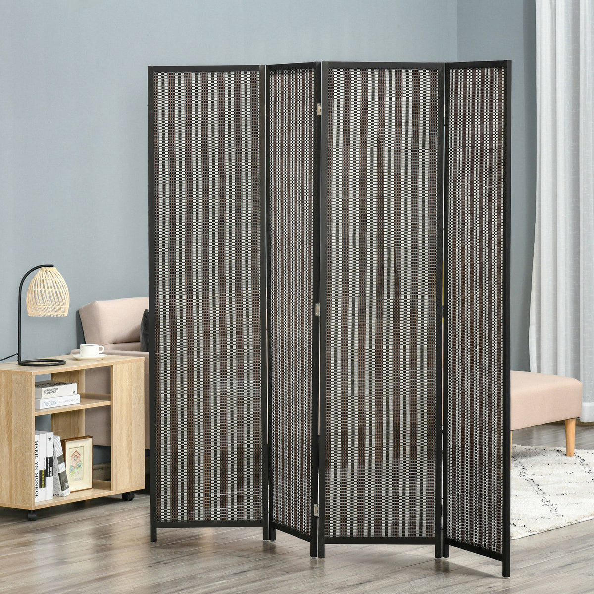 Raumteiler, faltbar, Kiefernholz/Bambus, 180 x 180 cm, Braun/Schwarz