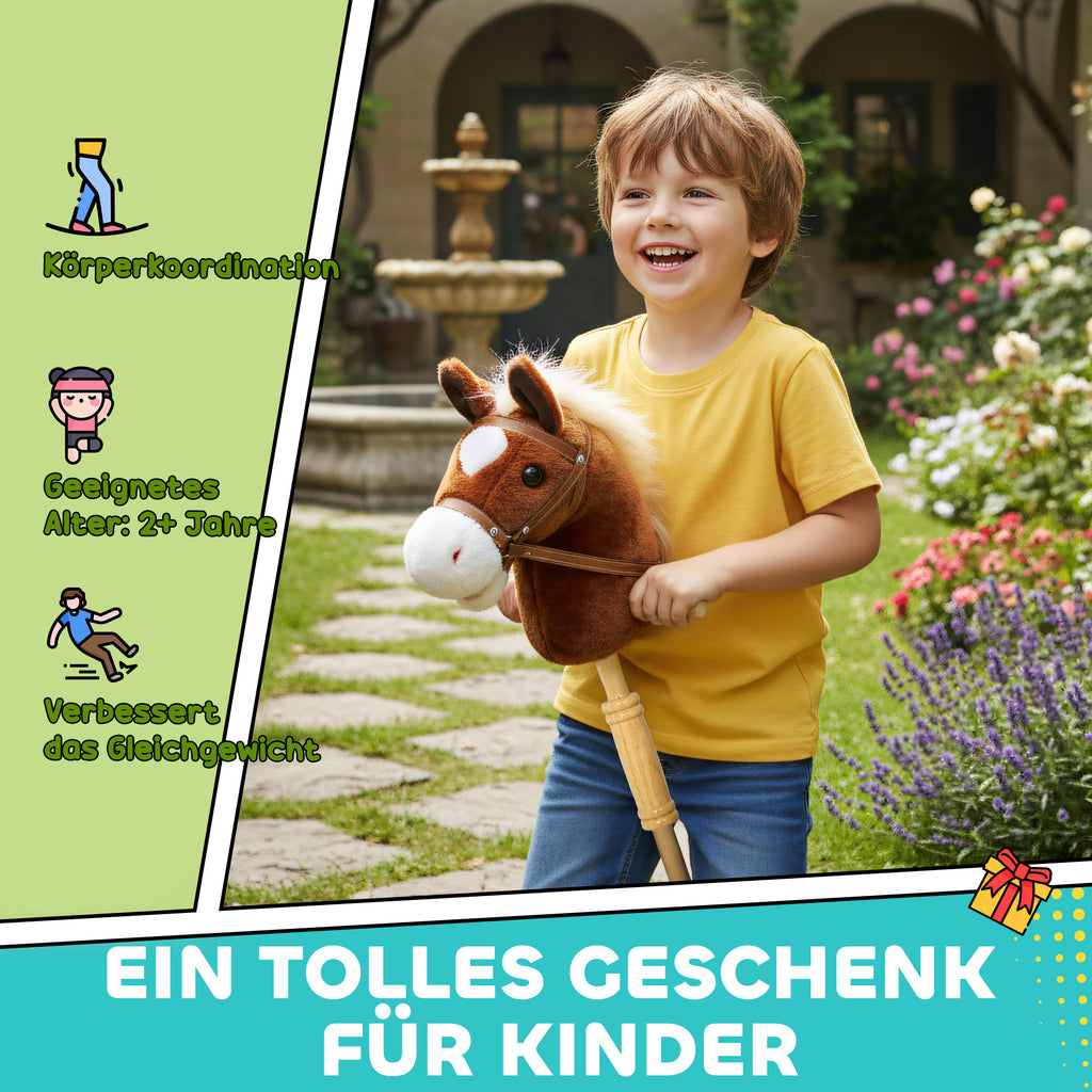 Stick Horse with Wood Wheels, Real Pony Neighing and Galloping Sounds, Grip Handle, 95 cm, Brown