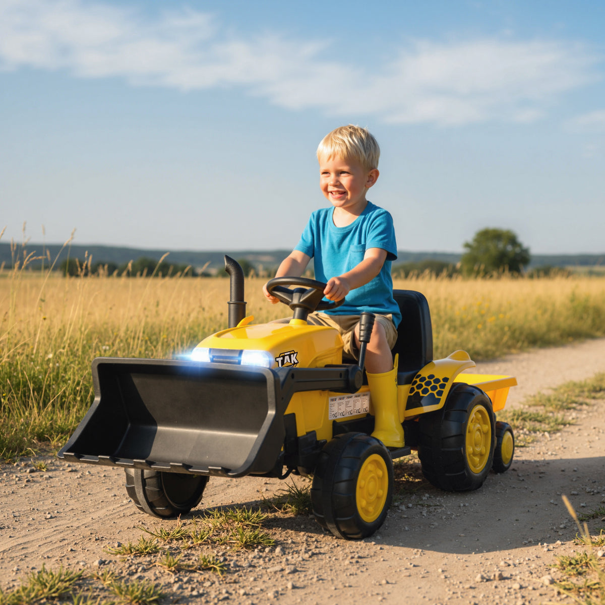 Elektrisches Aufsitz-Baufahrzeug, Spielzeugbagger mit Anhänger, 3-8 Jahre, Kunststoff, Stahl, Gelb