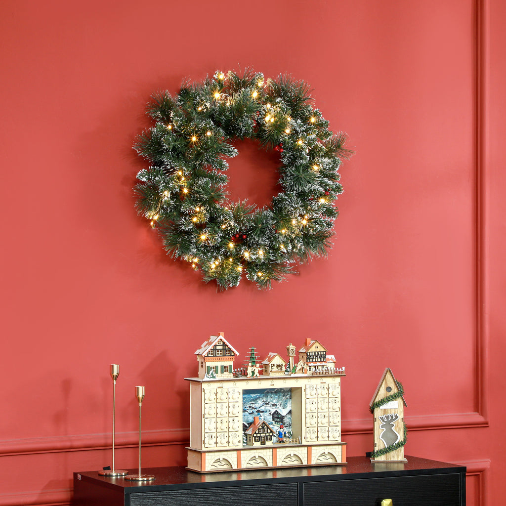 Weihnachtskranz mit LED-Beleuchtung, roten Beeren, realistisches Aussehen, Ø60 x 10 cm, Grün