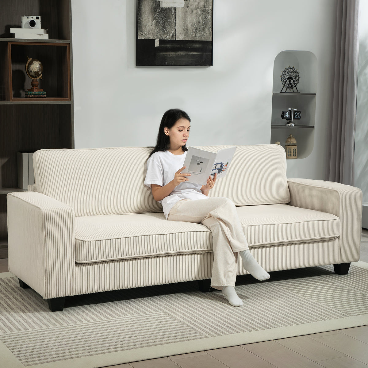3-Sitzer Sofa mit Cordbezug, Wohnzimmersofa mit Federkern, bis 400 kg, 227 x 84 x 87 cm, Cremewei?