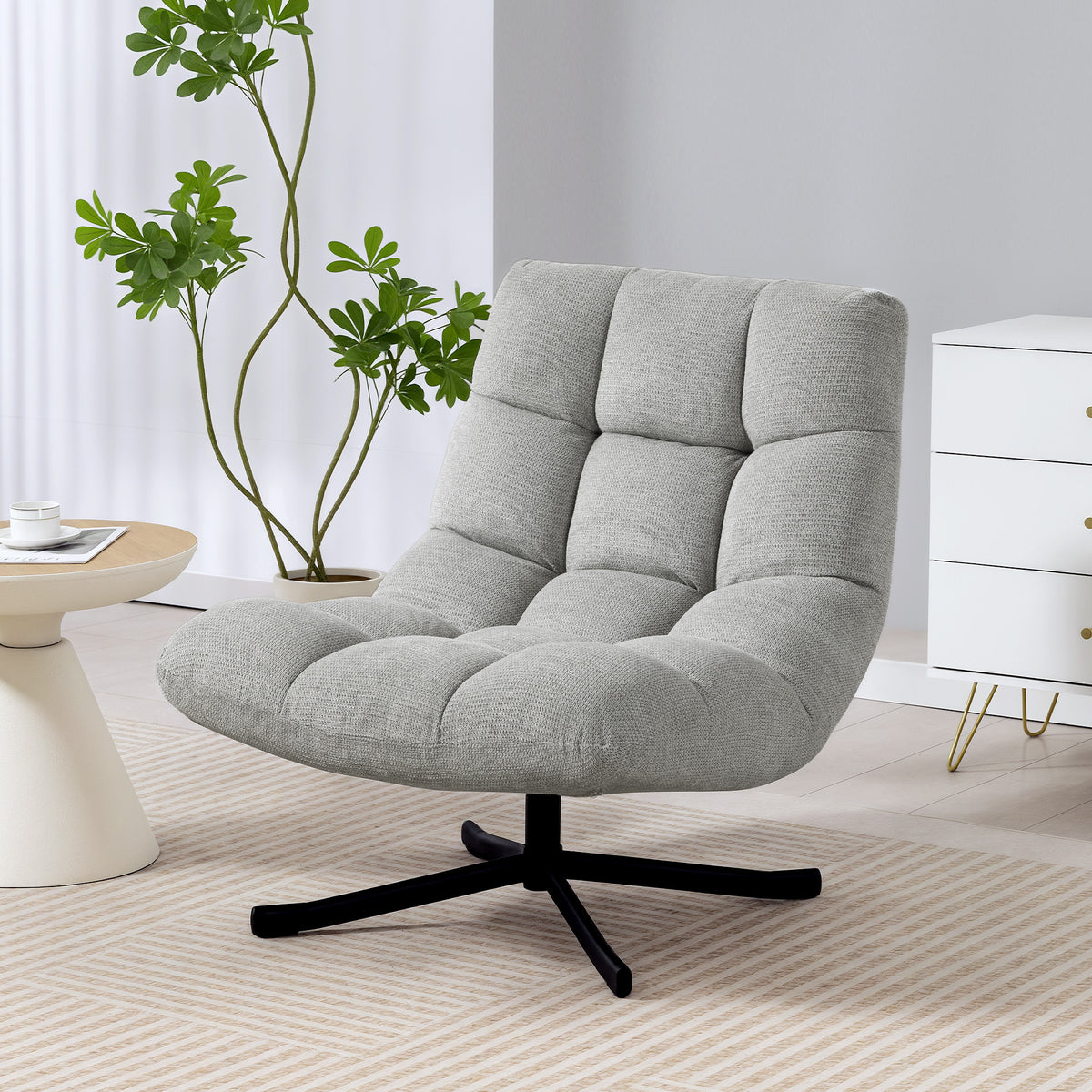 Sessel Drehbar Loungesessel mit Breiter Sitzfläche, wasserabweisend Chenille-Optik, gekreuzt Stahlbeine, Hellgrau