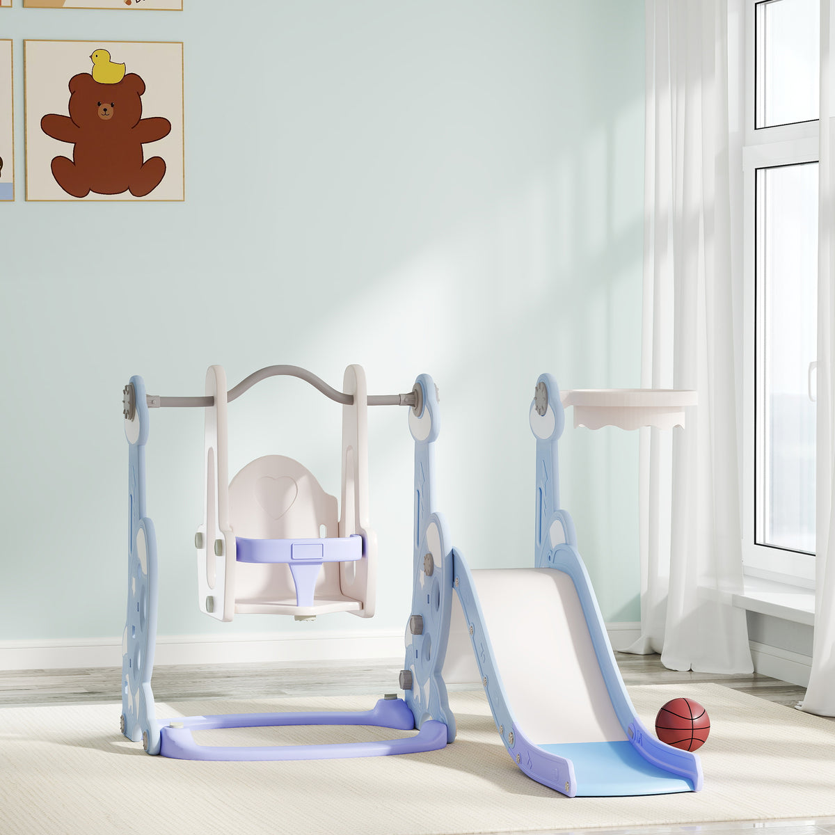 4-in-1 Indoor-Spielplatz, Rutsch- und Schaukelset f¨¹r Kleinkinder, Basketballkorb, Raketendesign, Kunststoff, Hellblau