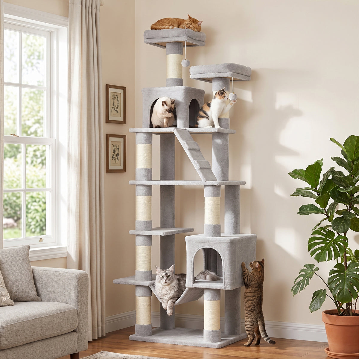 Kratzbaum 204 cm Katzenbaum mit Höhlen Leiter mehrstöckiger Katzenkratzbaum für 1–3 Katzen je bis 6 kg Hellgrau