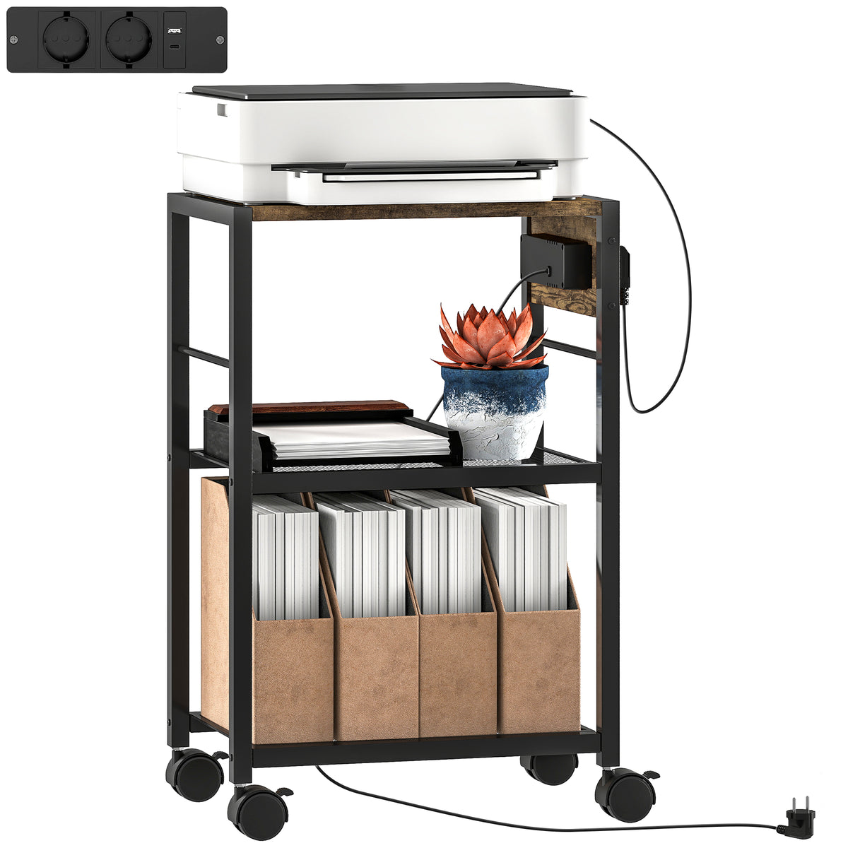 Druckerst?nder Druckeregal mit Rollen, Steckdosen, USB- und USB-C-Anschl¨¹sse bis 40 kg Rustikalbraun
