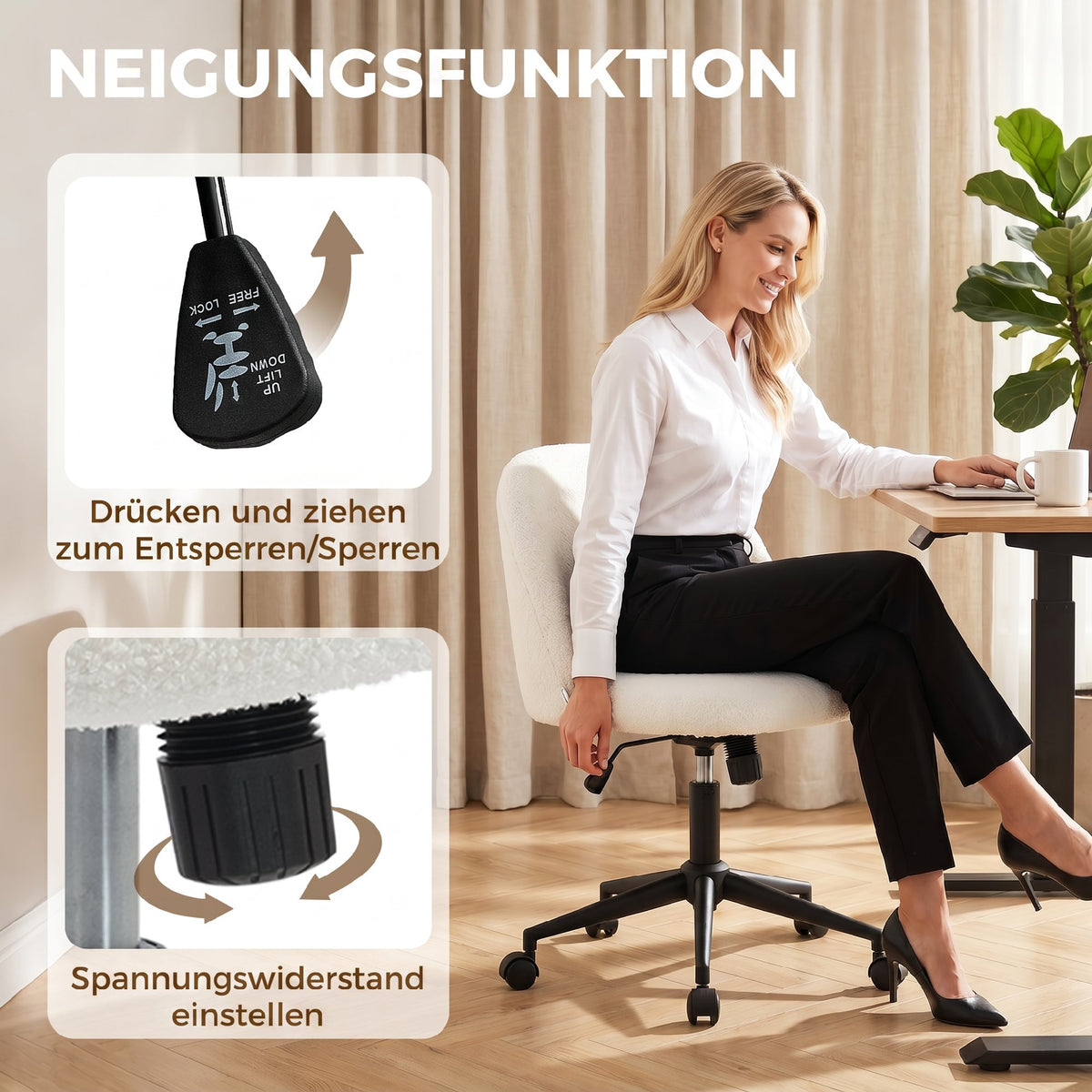Schreibtischstuhl, Höhenverstellbarer Drehstuhl, Bis 120 Kg, Creme