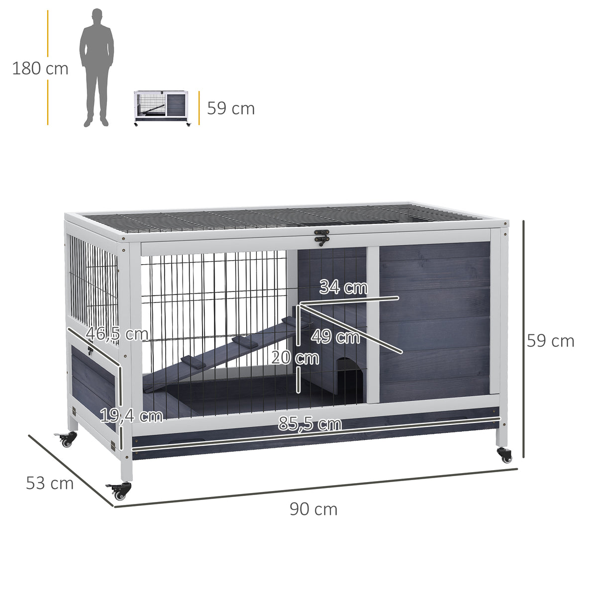 Wooden Guinea Pig Hutch, 2-Floor Bunny Cage w/ Enclosed Run Area, Grey