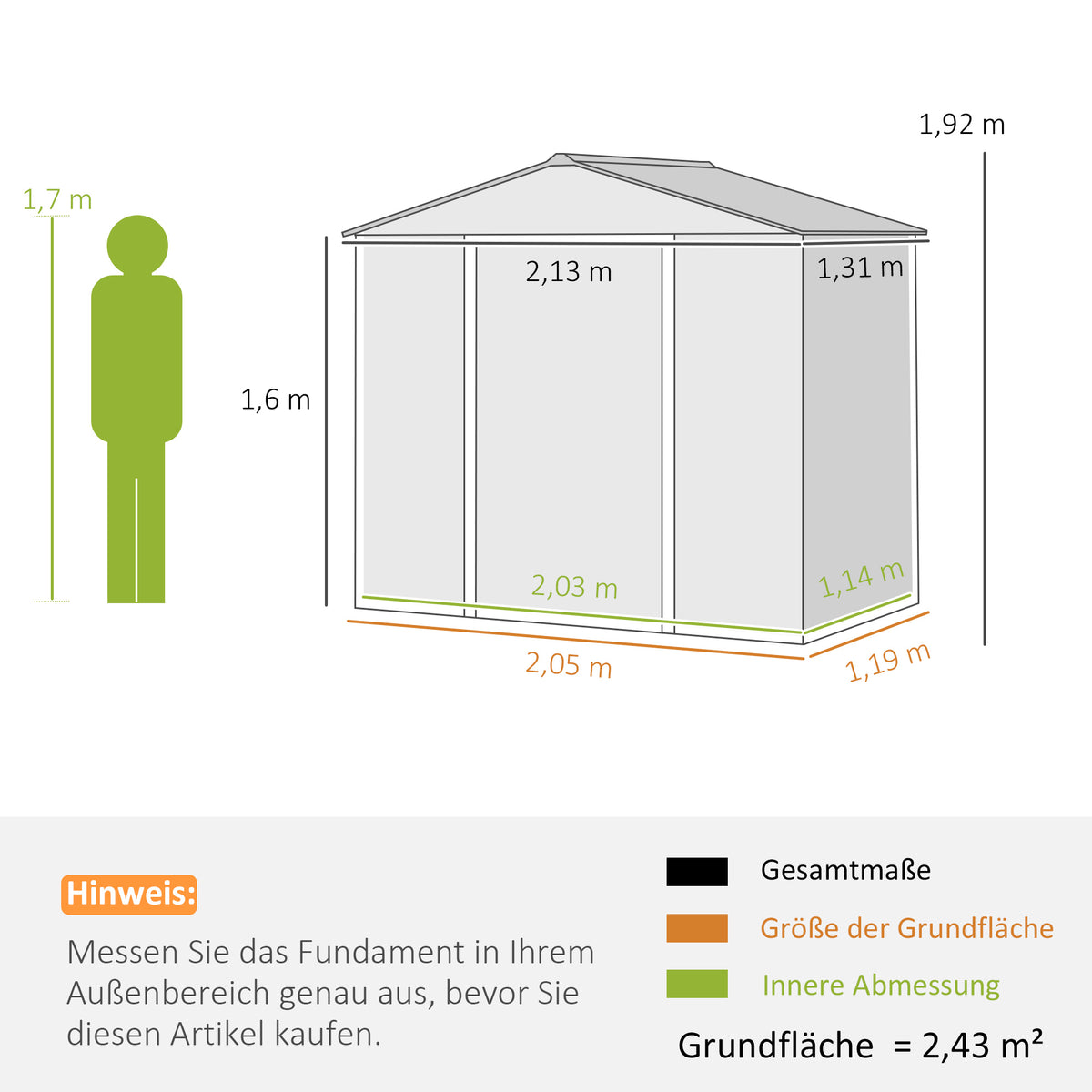 2,43 ㎡ Gerätehaus, 213 x 131 x 192 cm Geräteschuppen mit Satteldach, Abschließbare Schiebetür, wetterfest, Grau