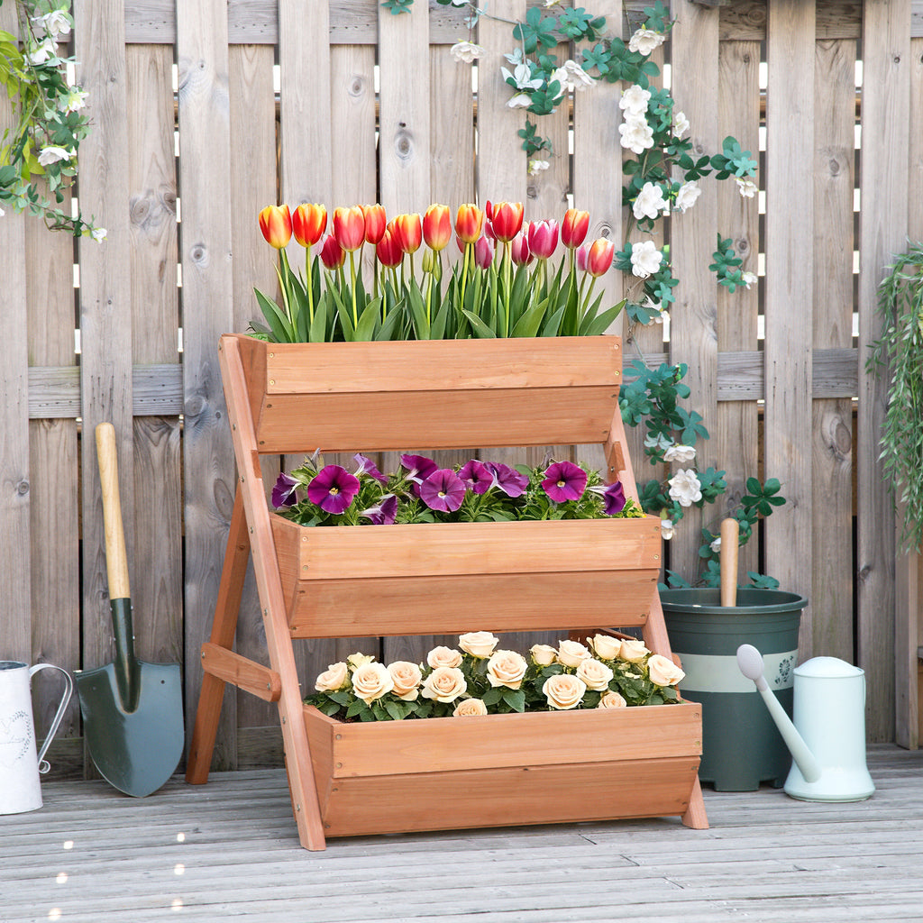 3 Tier Raised Garden Bed Wooden Elevated Planter Box Kit, 66L for Flower, Vegetable, Herb, 65x75x78cm, Brown
