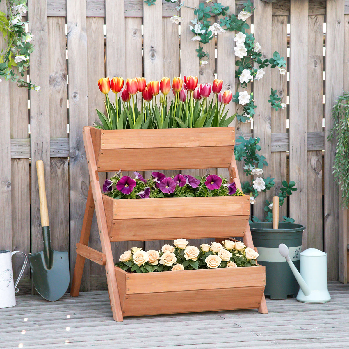 3 Tier Raised Garden Bed Wooden Elevated Planter Box Kit, 66L for Flower, Vegetable, Herb, 65x75x78cm, Brown