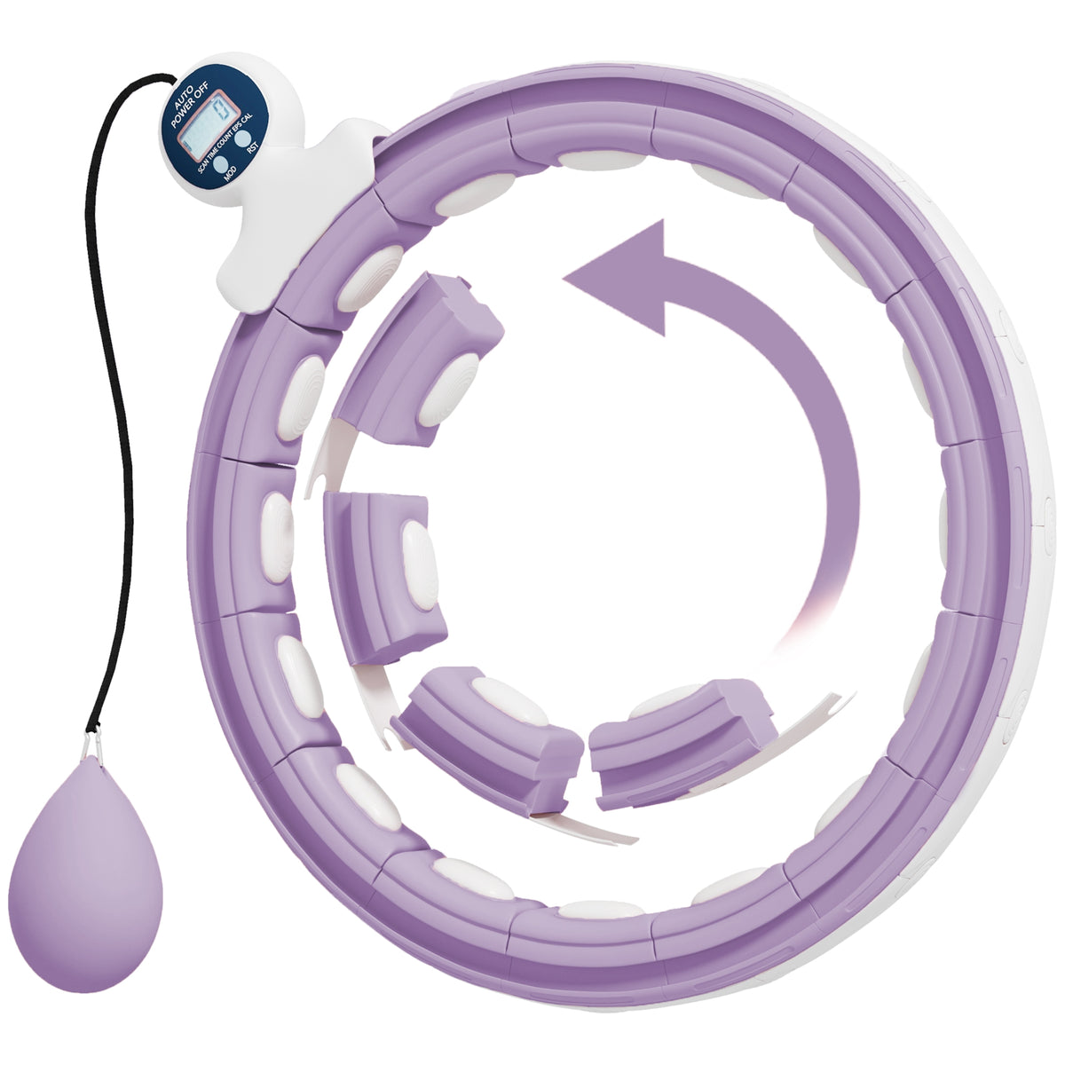 Smart Weighted Hula Hoop, Massage Hula Ring w/ 16 Detachable Knots, 360¡ã Auto-Rotating Ball, Digital Counter, Purple