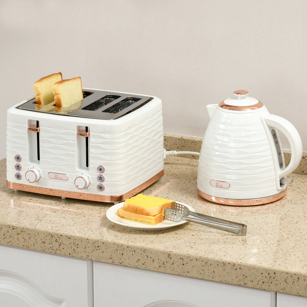 2-in-1 Toaster- und Wasserkocher-Set, 7 Br?unungsstufen, Auftau- und Aufw?rmfunktion, Cremewei?