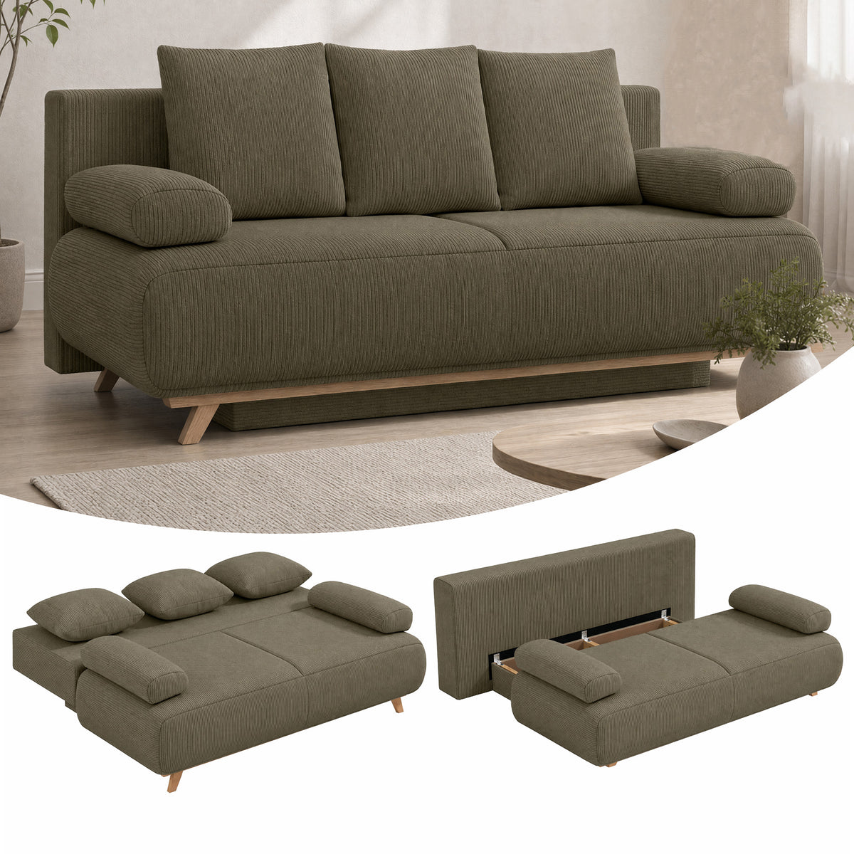 Schlafsofa mit verstellbarer Rückenlehne, Bettfunktion, verstecktem Stauraum und Cordbezug, Dunkelgrün