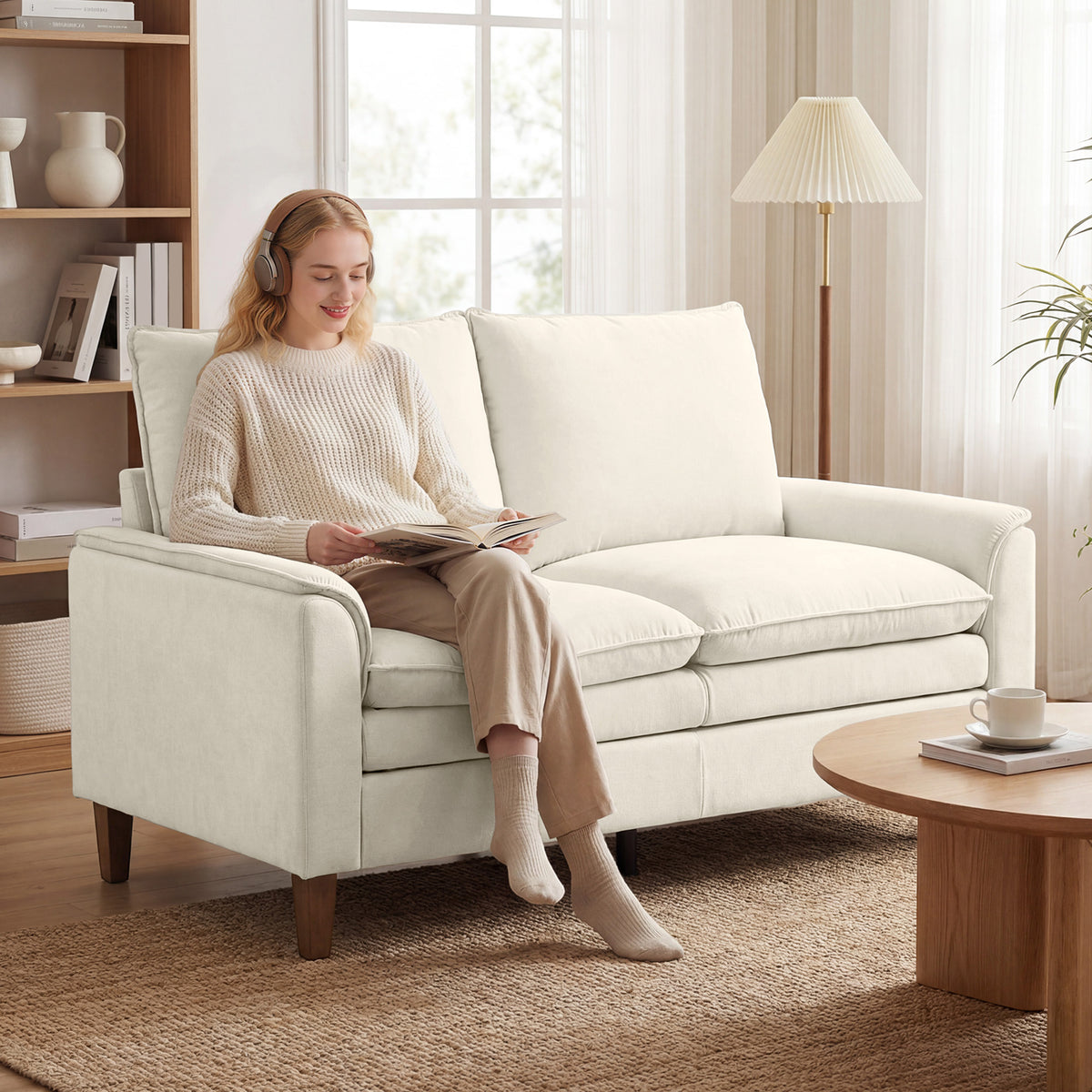 146 cm Zweisitzer Sofa, Chenille-Sofa mit doppellagiger Polsterung, Federkissen, tiefem Sitz, hoher Rückenlehne, Creme