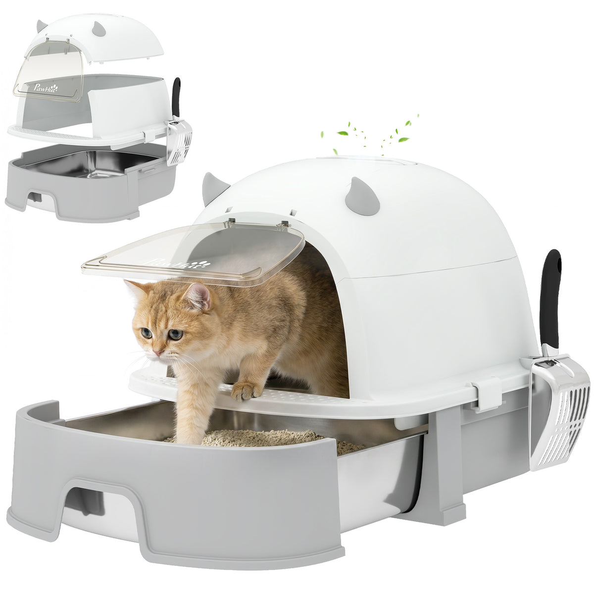 Katzentoilette Edelstahl mit abnehmbarem Deckel, Schaufel & Aktivkohlefilter für kleine bis mittelgroße Katzen, Grau