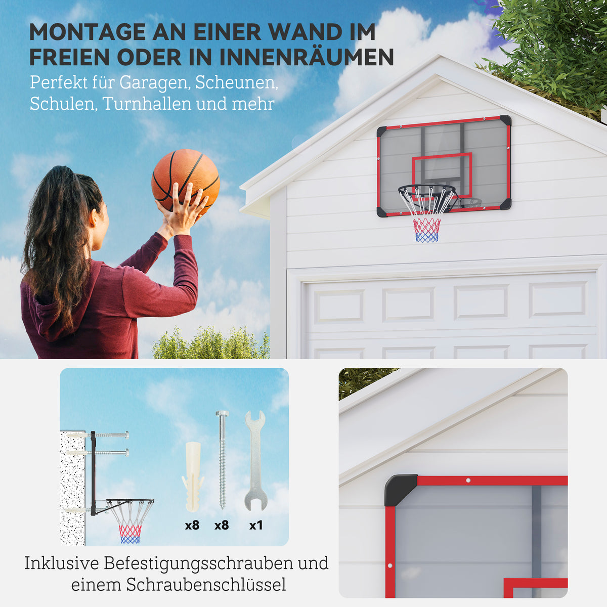 Basketballkorb für Wandmontage, Innen/Außen, robuste PC-Rückwand, Nylonnetz, Stahlring, 113x61x73 cm