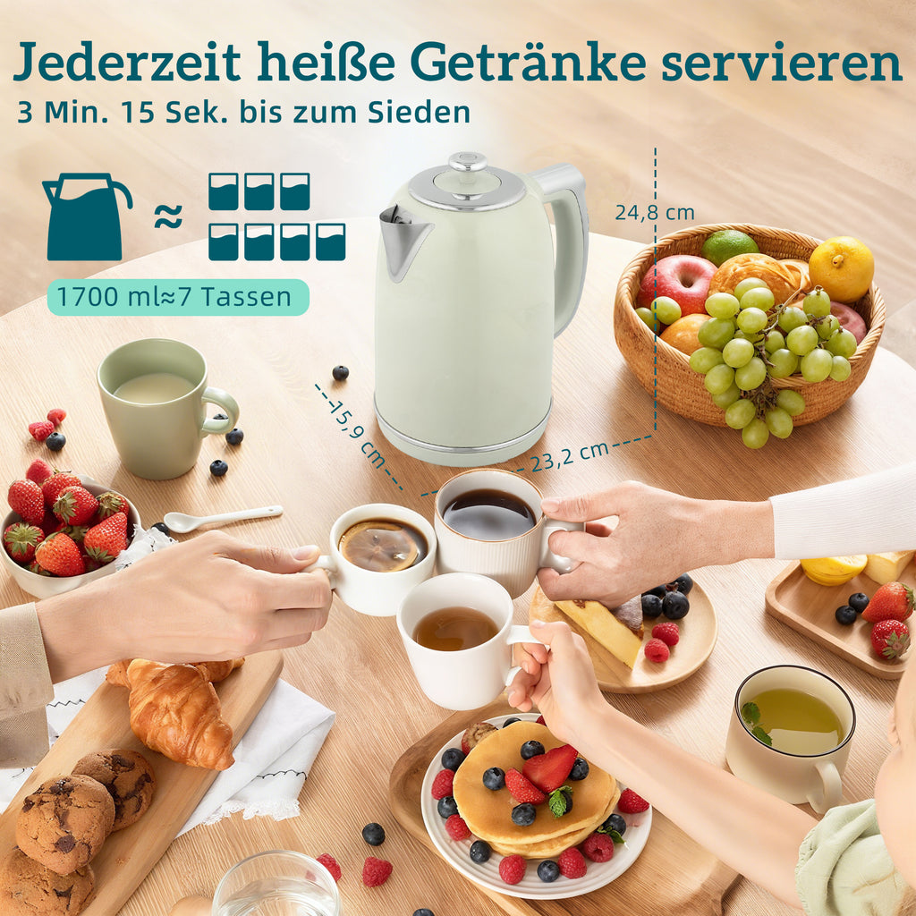 Wasserkocher- und Toaster-Set, LED-Anzeige, 1,7 Liter, 2200W, Retro-Design, Memory-Funktion, Grau