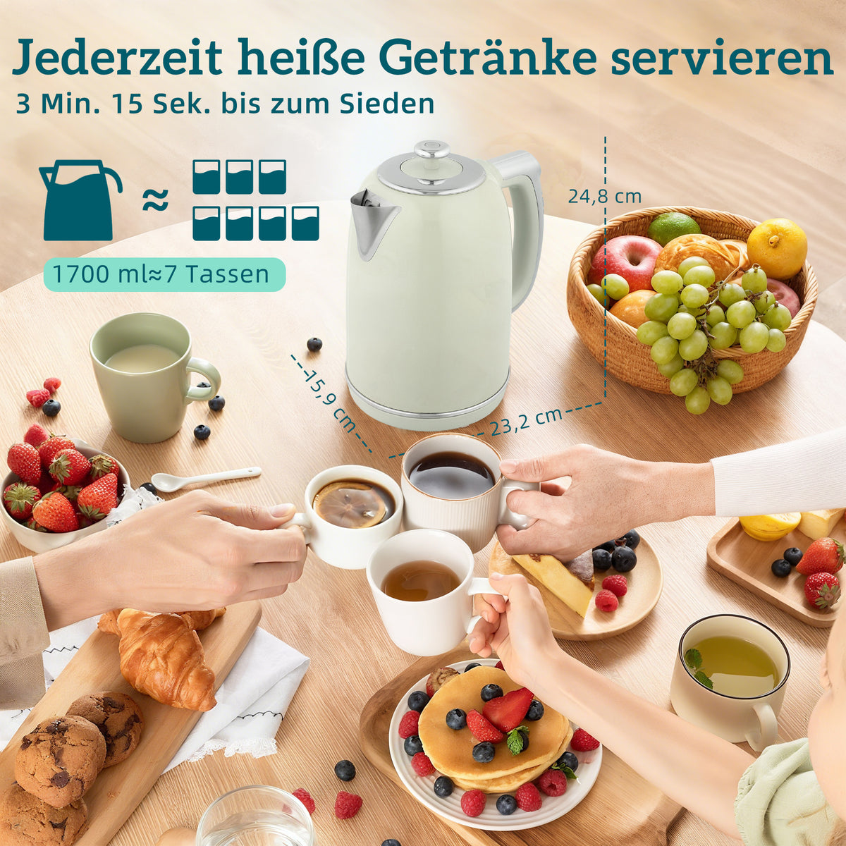 Wasserkocher- und Toaster-Set, LED-Anzeige, 1,7 Liter, 2200W, Retro-Design, Memory-Funktion, Grau