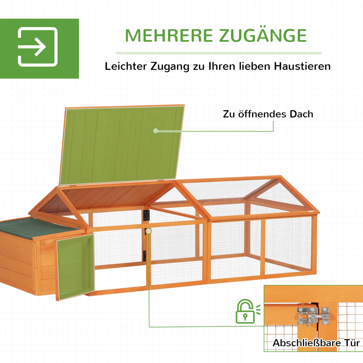 Hühnerstall Freilaufgehege 2,4 x 1,125 x 0,76 m Freigehege mit Schloss Tannenholz Hühnerhaus mit Tür, aufklappbar Dach, Outdoor Geflügelstall für Hühnerkäfig, 4-8 Hühner, Orange