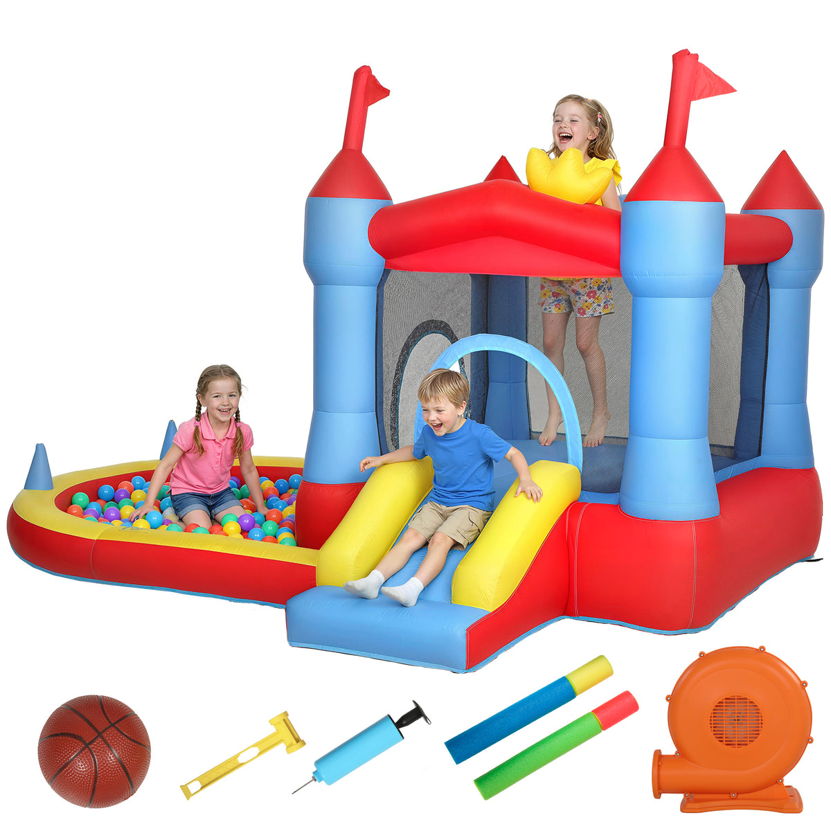 Aufblasbar Hüpfburg mit Gebläse Rutsche Trampolin Planschbecken/Bällebad Wasserpistole 342x255x209 cm Blau