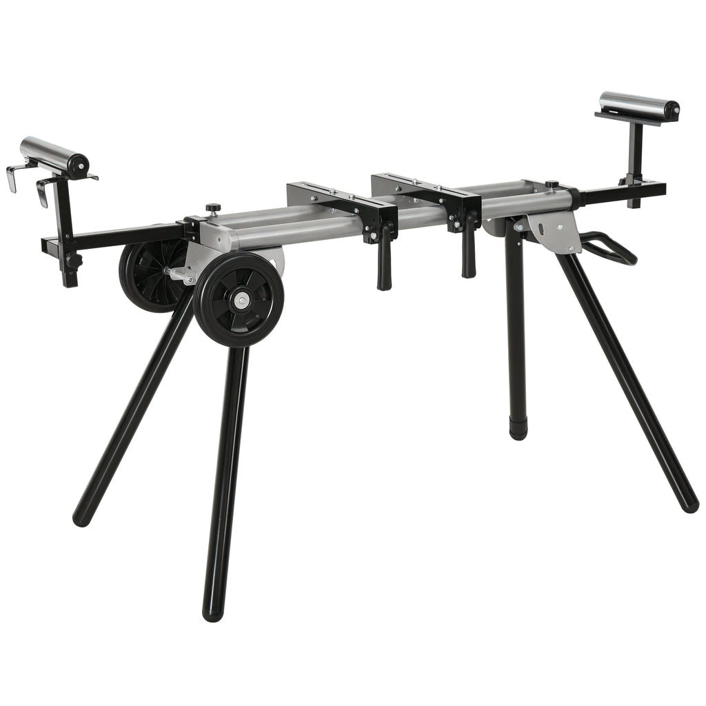  Mitre Saw Stand with Extensions, Sawhorse for Cutting Logs, Foldable with Wheels Max Load 150 Kg, Black and Grey