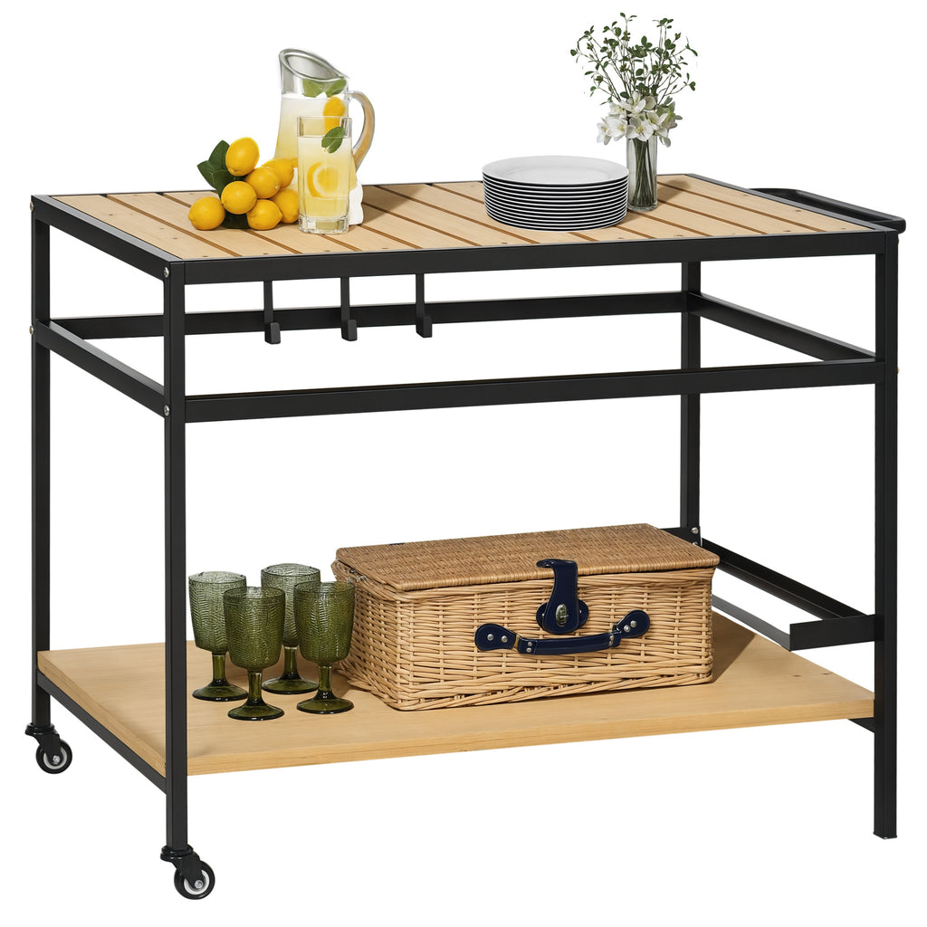 Servierwagen im Industrie-Design, wetterbest?ndig, 3 Haken, 1 Regal,107 cm x 65 cm x 80 cm, Schwarz +Natur
