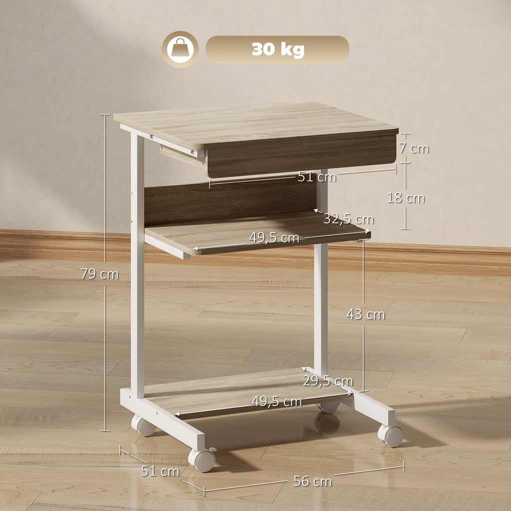Rolling Desk with Drawer and Shelves, 4 Wheels, Compact, Particle Board, Metal