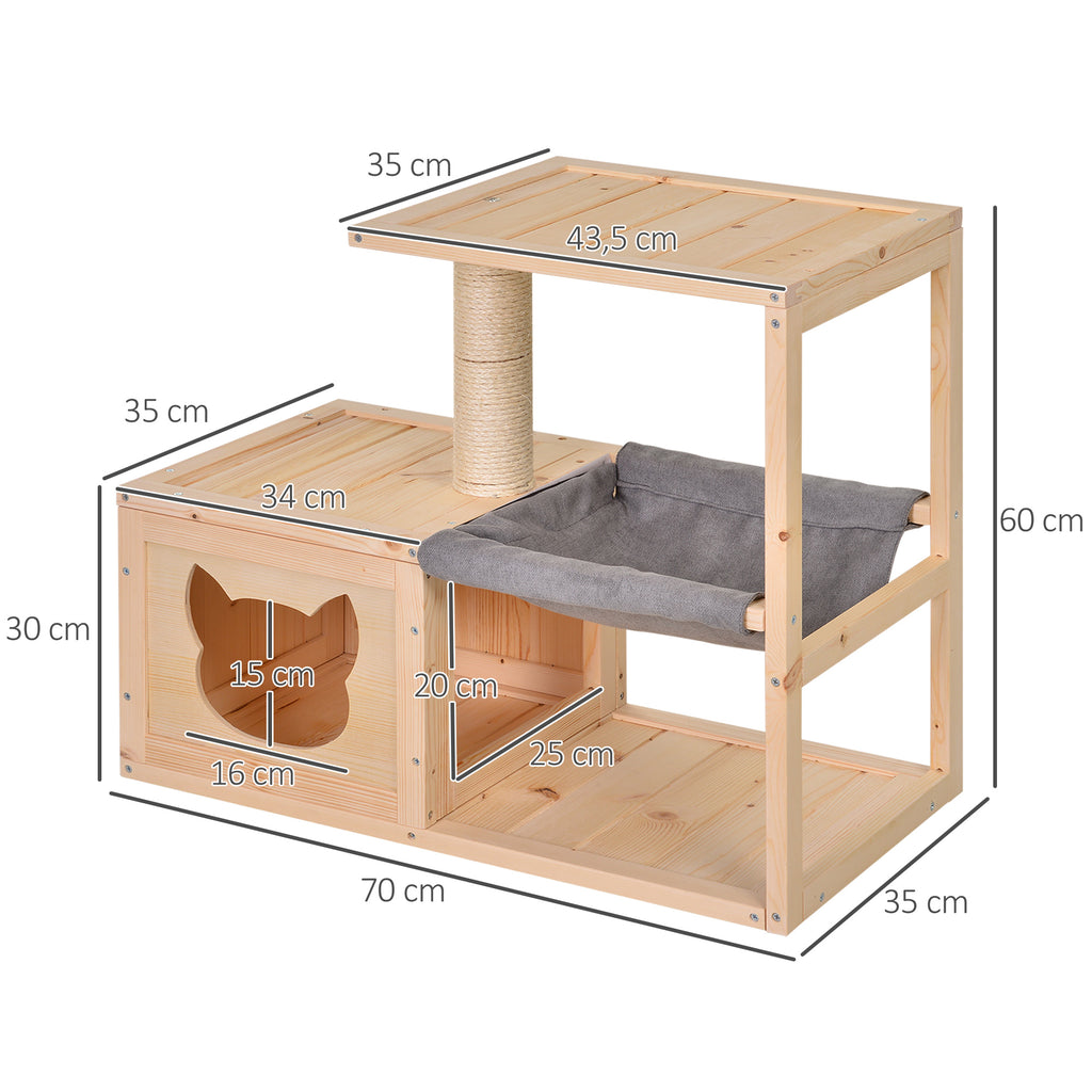 Katzenhöhle, Katzenbett mit Hängematte, Sisalstamm, Plattform Katzenhaus aus Holz Kratzbaum für Katzen für Indoor 70 x 35 x 60 cm Natur
