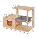 Katzenhöhle, Katzenbett mit Hängematte, Sisalstamm, Plattform Katzenhaus aus Holz Kratzbaum für Katzen für Indoor 70 x 35 x 60 cm Natur