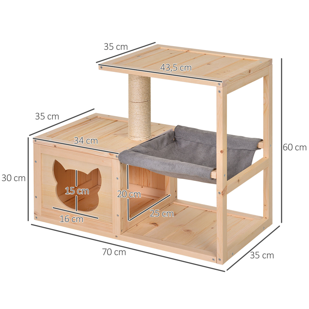 Katzenhöhle, Katzenbett mit Hängematte, Sisalstamm, Plattform Katzenhaus aus Holz Kratzbaum für Katzen für Indoor 70 x 35 x 60 cm Natur