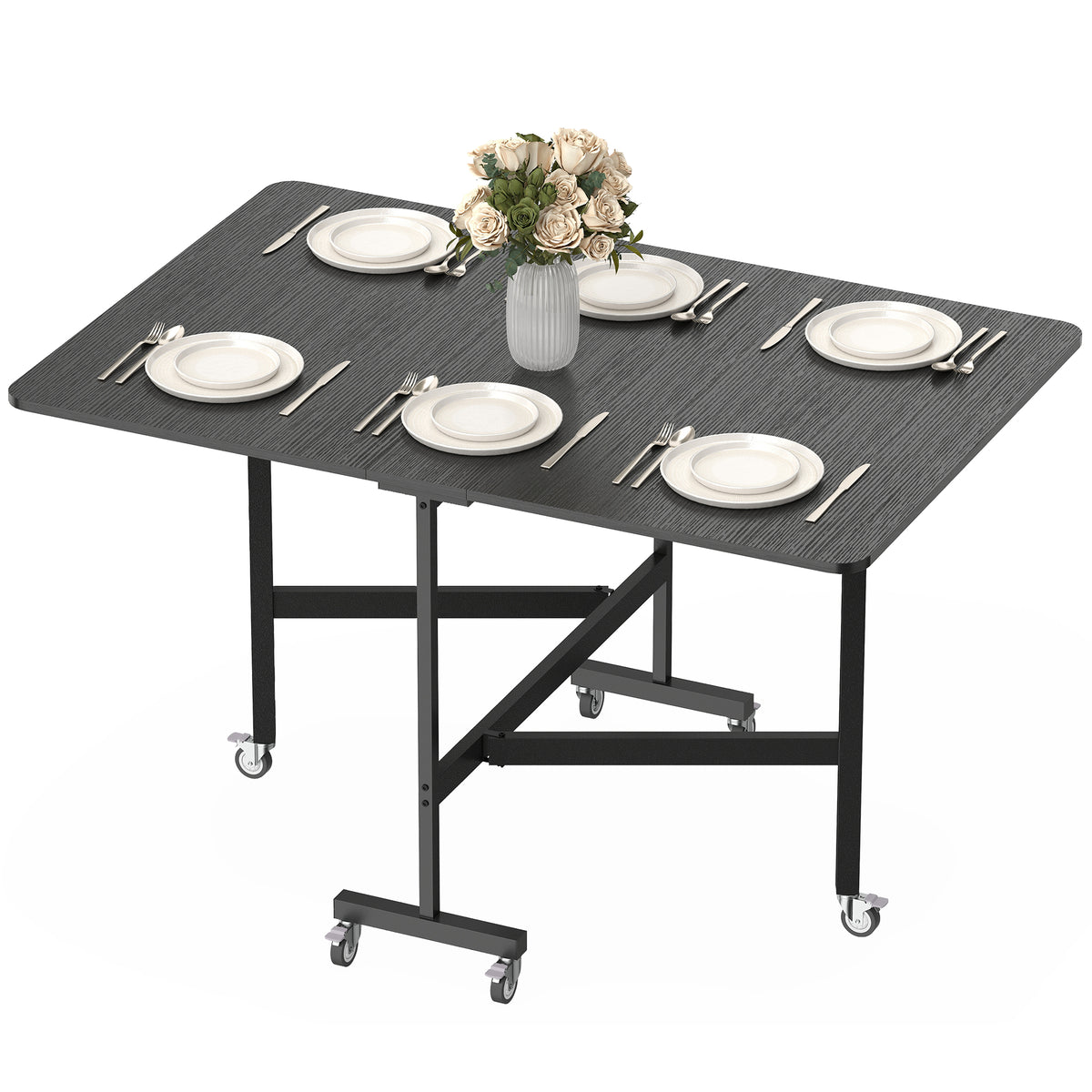 Esstisch Klappbar Küchentisch für 4-6 Personen mit 6 Rollen Mobiler Klapptisch für Kleine Räume 120x80x73 cm Schwarz
