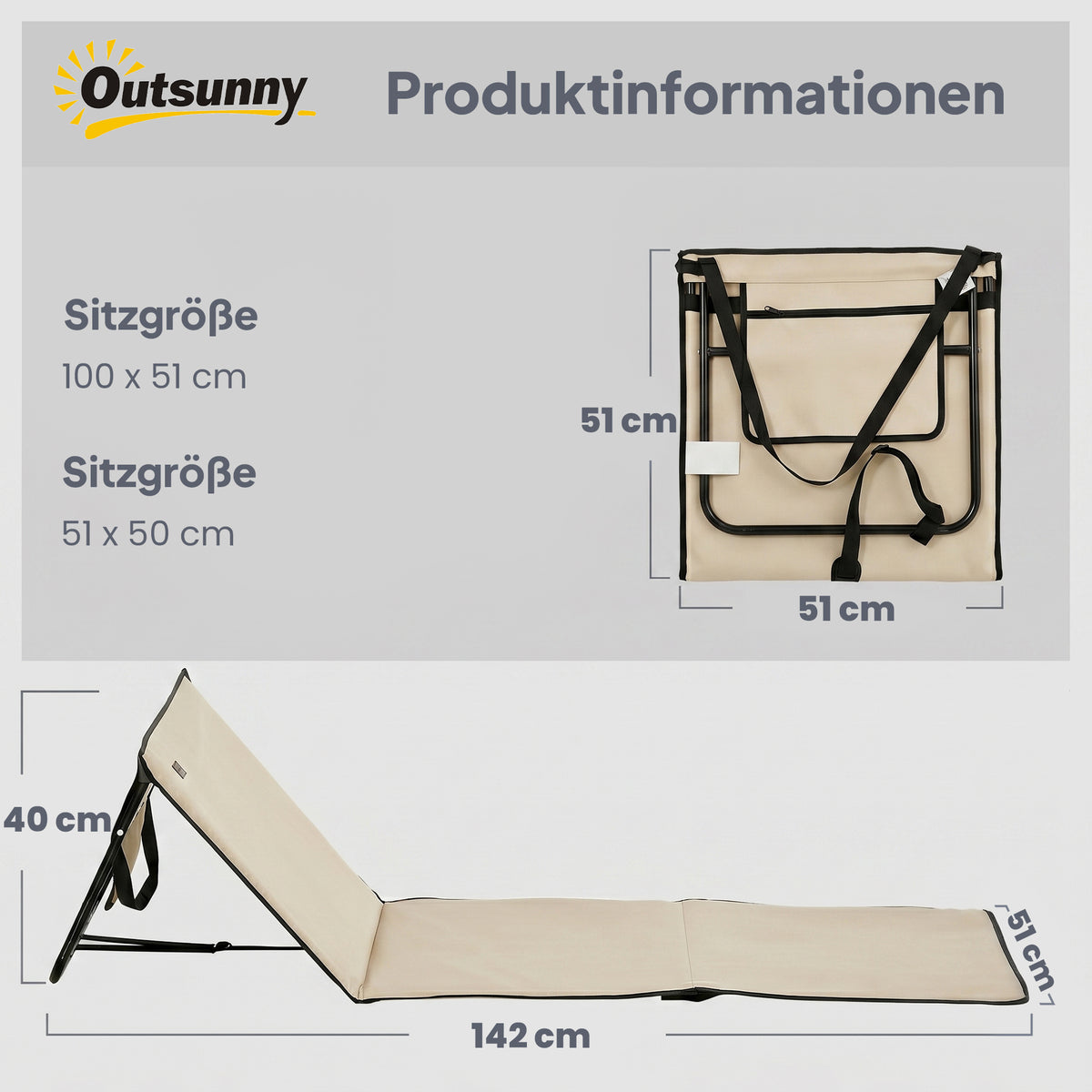 Strandliege, klappbar, verstellbare R¨¹cklehne, Tragegurt, weiche Polsterung, Stahlrahmen, Beige, 142x51x40cm