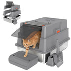 Katzenklo XXL Edelstahl Katzentoilette 130L mit 180° Klappdeckel Hohen Seitenwänden Schaufel Trittstufe 70x50x43cm Grau
