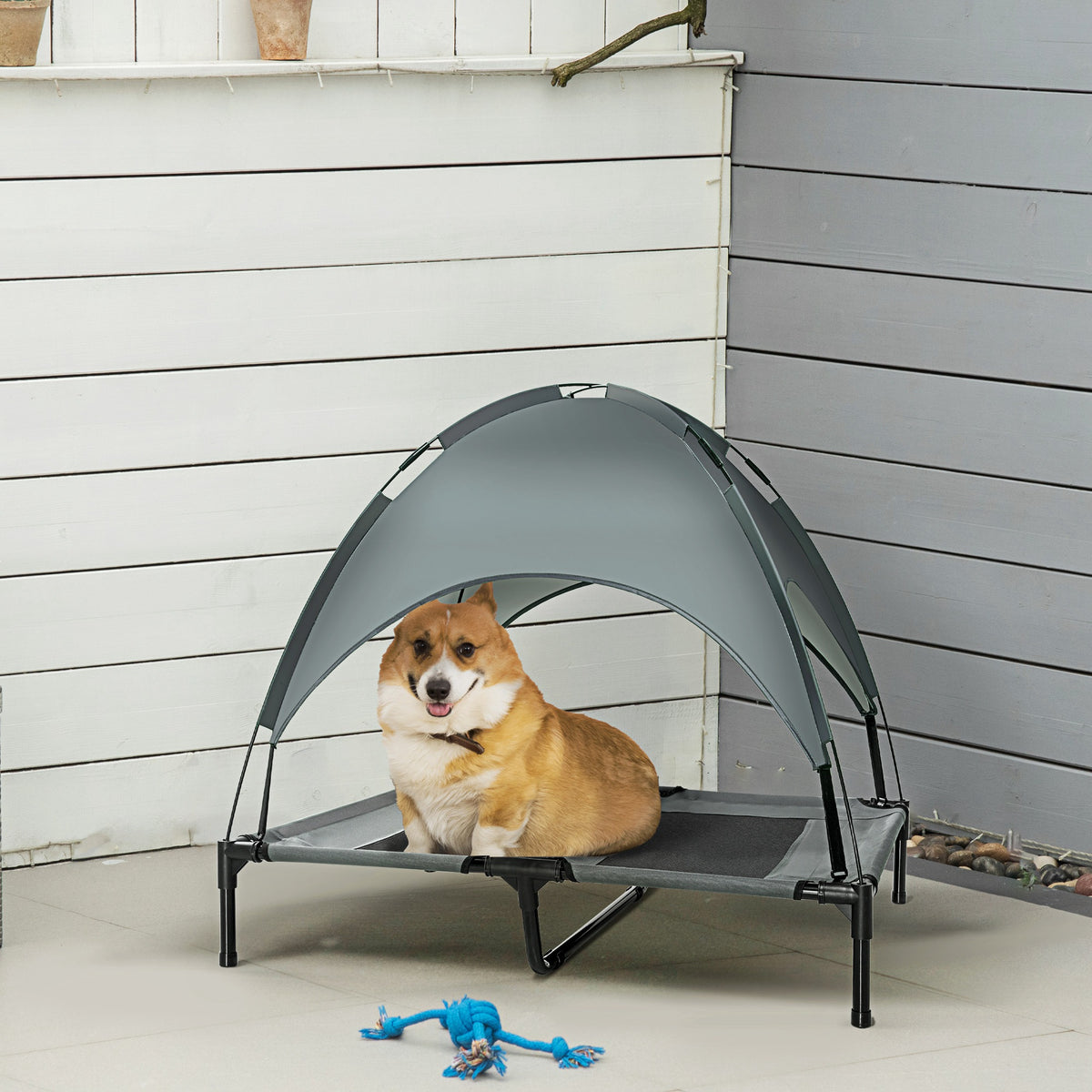 Erhöhtes Hundebett mit Baldachin, Haustierbett, Hundeliege outdoor mit Dach, Atmungsaktiv, Taftstoff für Camping Grau 92 x 76 x 90 cm