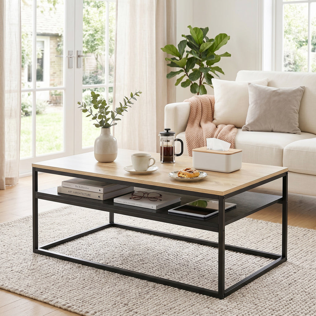 Couchtisch mit Ablage, moderner Industriestil, Wohnzimmertisch für Wohnzimmer, Schlafzimmer, 100 x 59,8 x 47 cm, Eiche