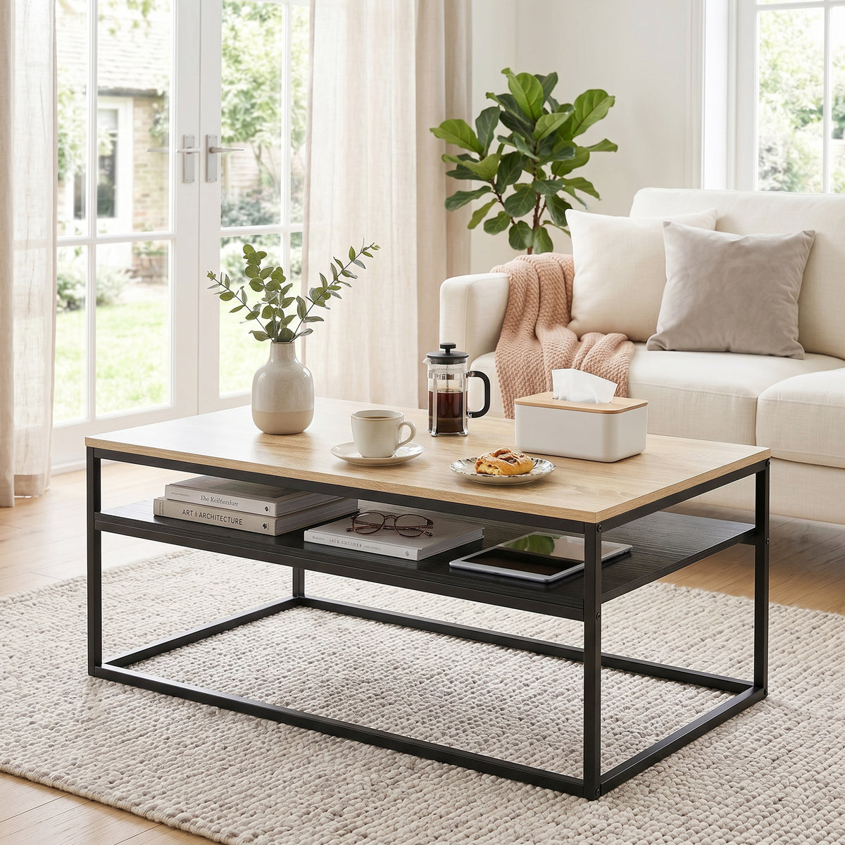 Couchtisch mit Ablage, moderner Industriestil, Wohnzimmertisch für Wohnzimmer, Schlafzimmer, 100 x 59,8 x 47 cm, Eiche