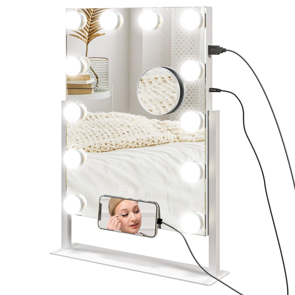 LED Kosmetikspiegel, 3 Lichtmodi, dimmbar, Touchsteuerung, USB, 37x46 cm, Weiß