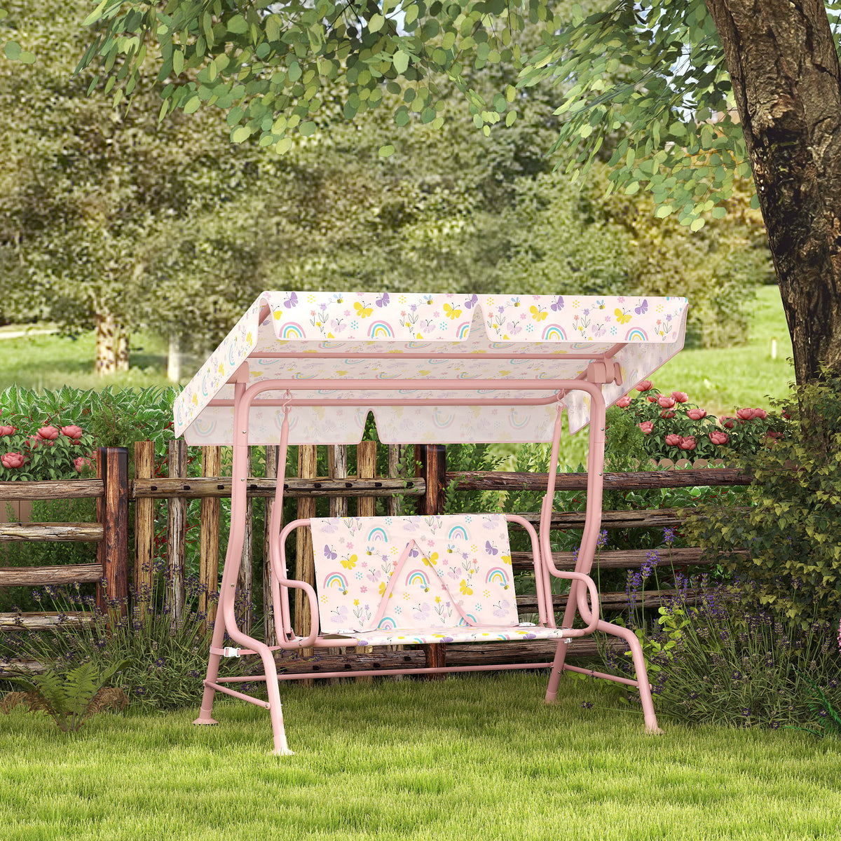 Kids Garden Swing Chair with Adjustable Canopy, Safety Belt, 2 Seater Hammock Swing Bench for Patio, Porch, Pink
