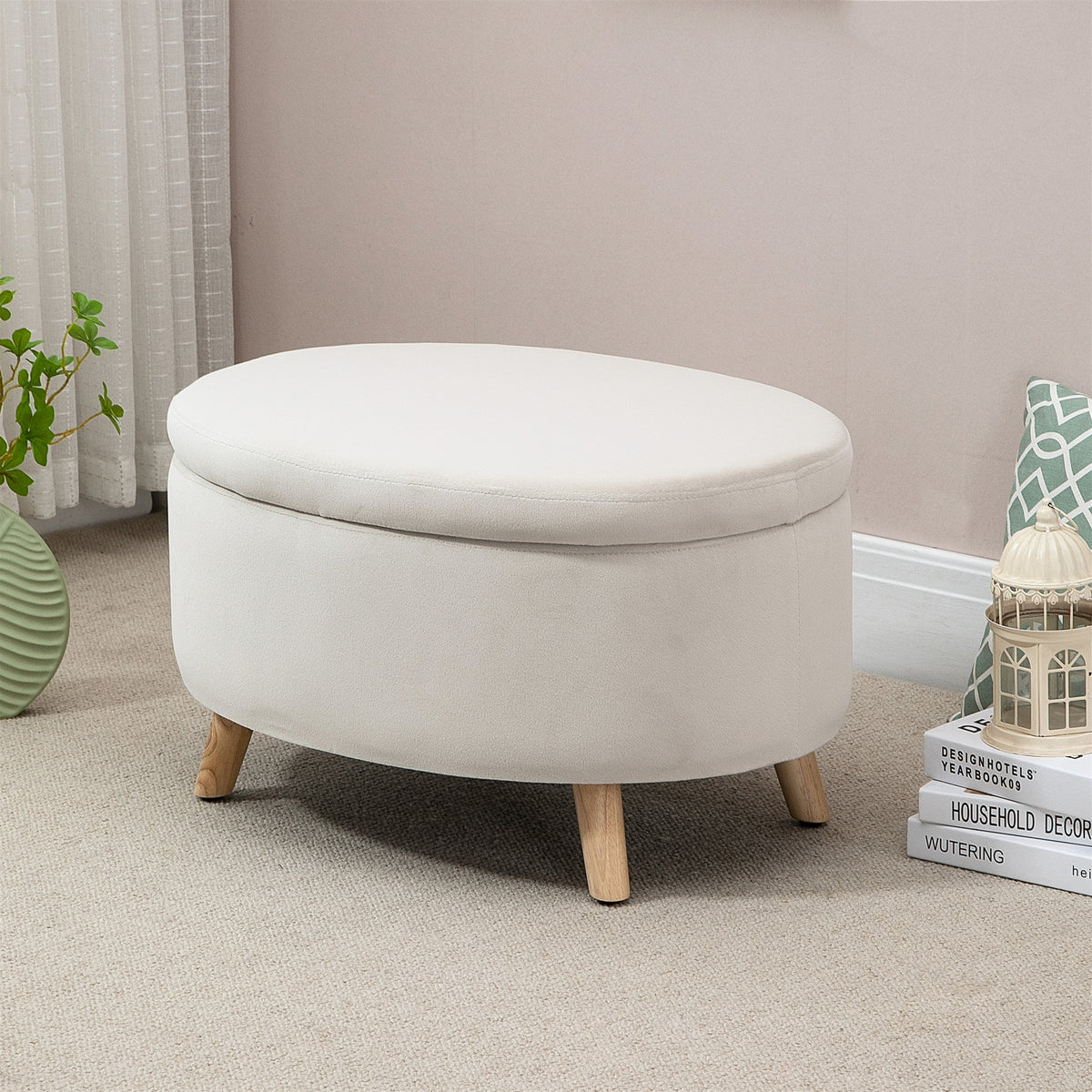 Sitzbank mit Stauraum, Hocker, ovale Form, Samtoptik, bis 120 kg, 71 x 51,5 x 42 cm, Beige