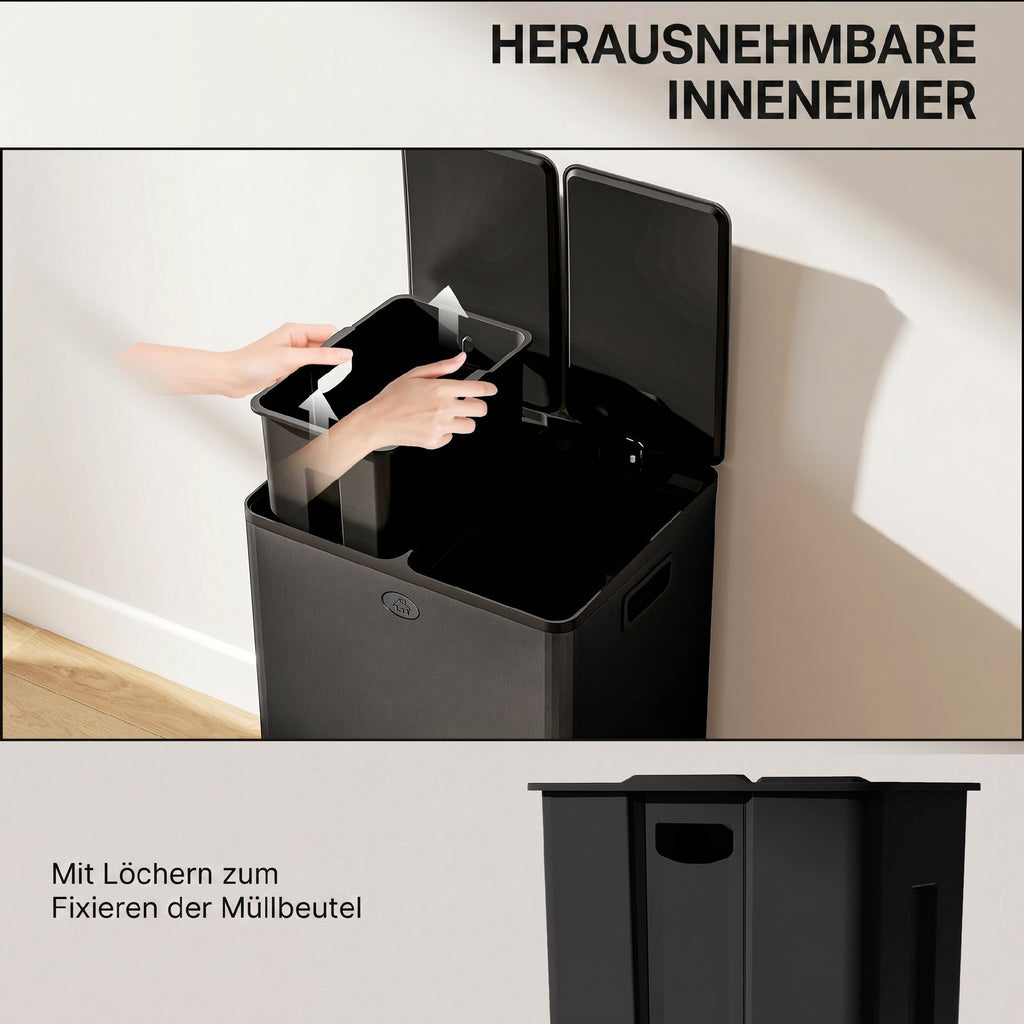 56L Dual Compartment Stainless Steel Bin, with Deodoriser Holders - Black
