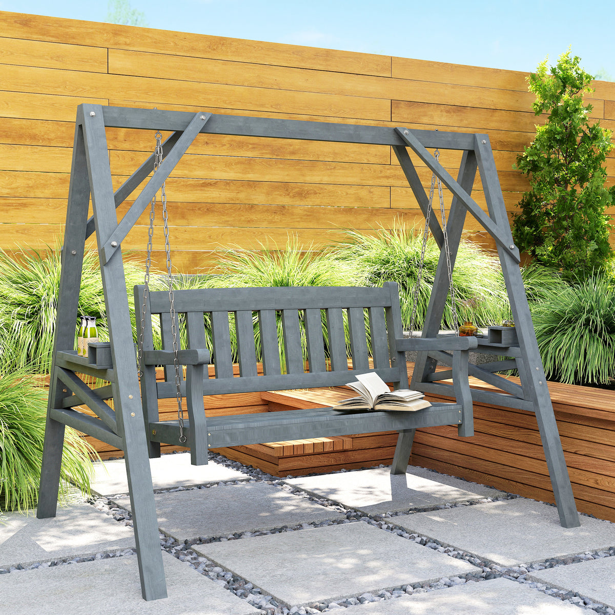 2-Sitzer Gartenschaukel, Holzschaukelbank mit Ablagen, Getränkehalter und Metallketten, Grau