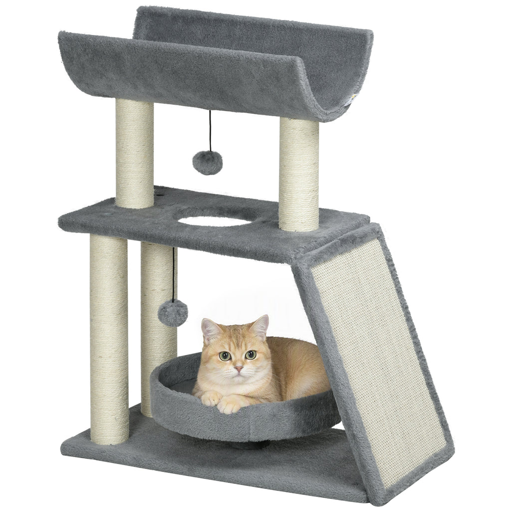 Cat Tree Tower, with Scratching Posts, Pad, Bed, Perch, Toy Ball - Light Grey